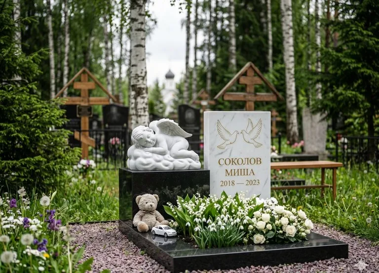 Белый ангелочек на детском памятнике в Ханты-Мансийске