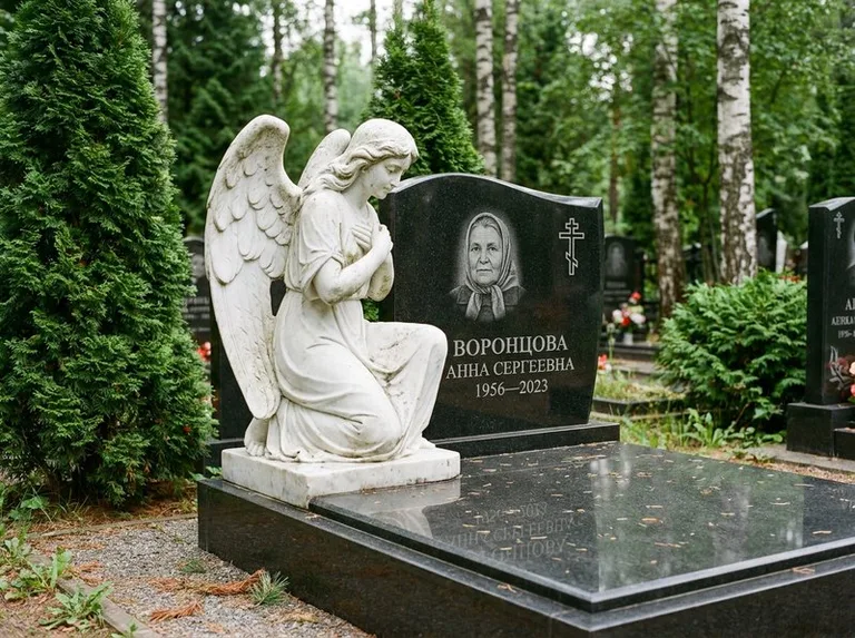 Белый мраморный ангел на гранитном памятнике в Ханты-Мансийске