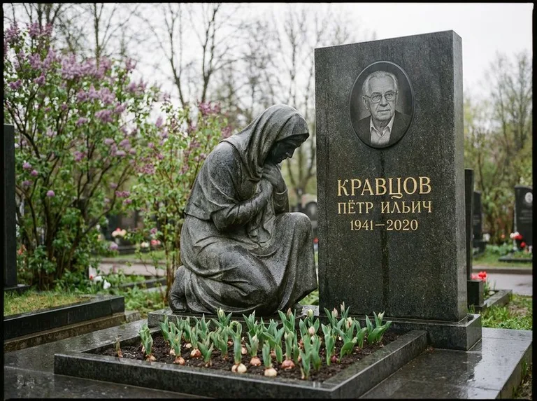 Гранитная скорбящая фигура у стелы на кладбище в Ханты-Мансийске