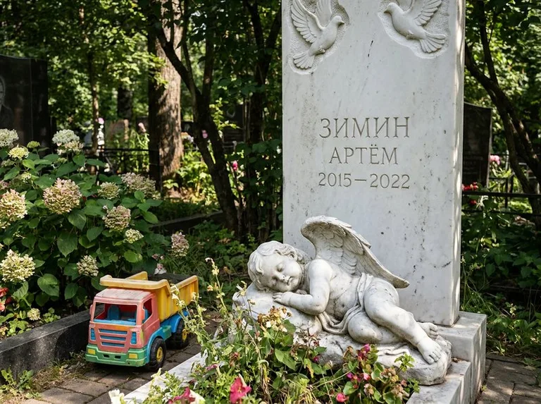 Спящий ангелочек на детском памятнике в Ханты-Мансийске