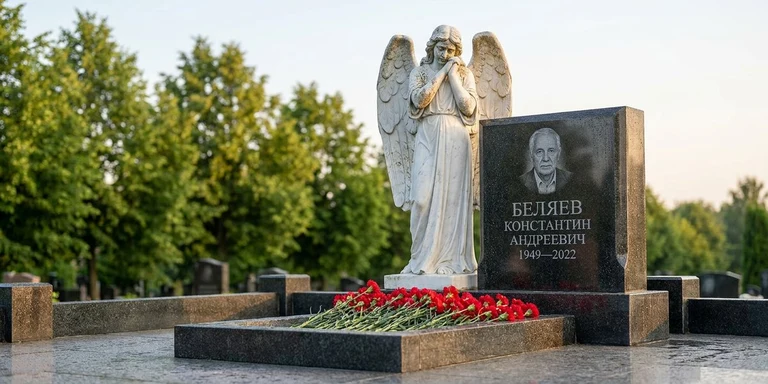 Скульптура на памятник в Ханты-Мансийске — мраморный ангел на гранитном мемориале