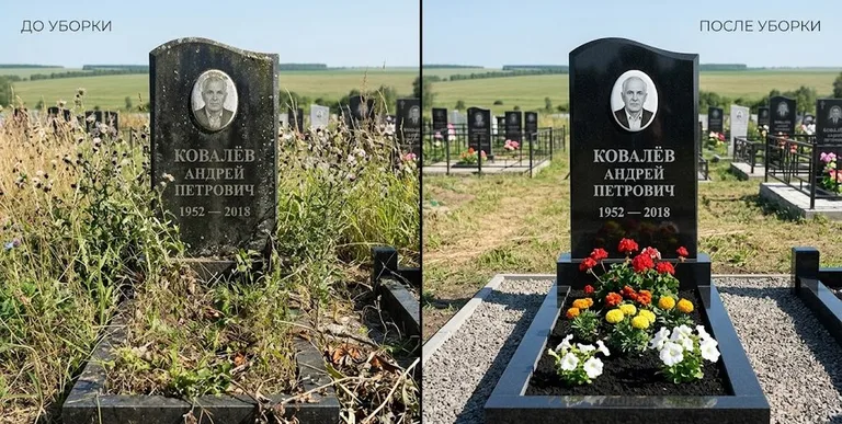 Уборка могилы до и после — ухоженный участок в Ханты-Мансийске