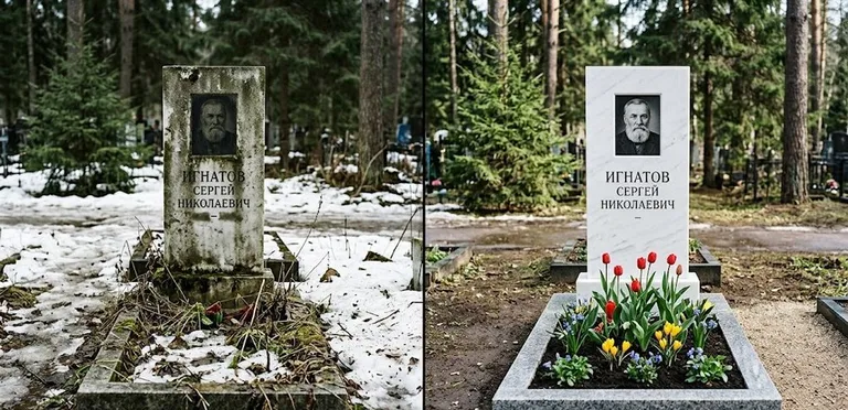 Диптих №6: высадка хризантем у подножия серого гранита — до и после уборки в Ханты-Мансийске