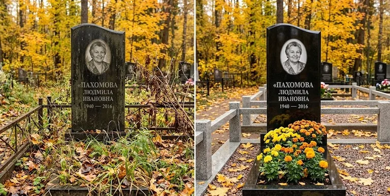 Уборка могилы до и после осенью — клёны в Ханты-Мансийске
