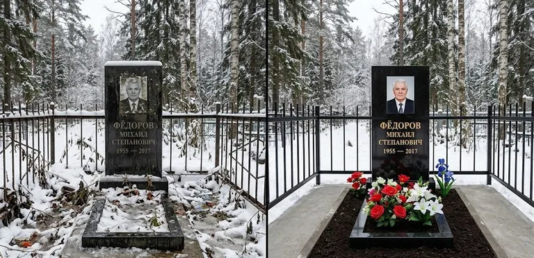Диптих №20: тротуарная плитка вокруг памятника отмыта аппаратом высокого давления в Ханты-Мансийске
