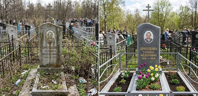 Диптих №4: свежепокрашенная серебром оградка и отмытый красный гранит — до и после в Ханты-Мансийске