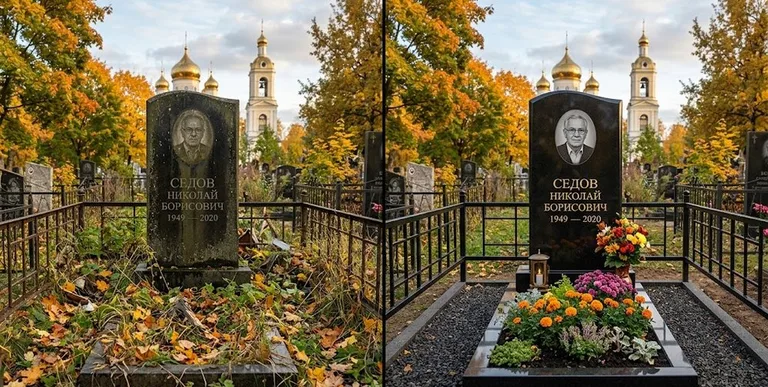 Уборка могилы до и после осенью — у церкви в Ханты-Мансийске