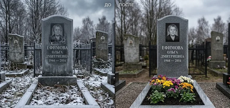 Диптих №11: участок с низкой металлической оградкой — помыты прутья и памятник в Ханты-Мансийске