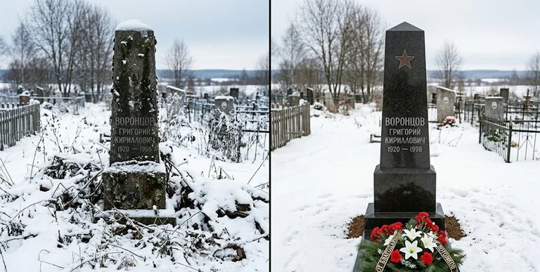 Уборка могилы до и после зимой — воинский обелиск в Ханты-Мансийске