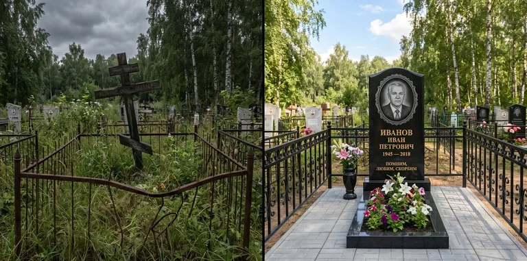 Благоустройство могилы до и после установки памятника в Ханты-Мансийске
