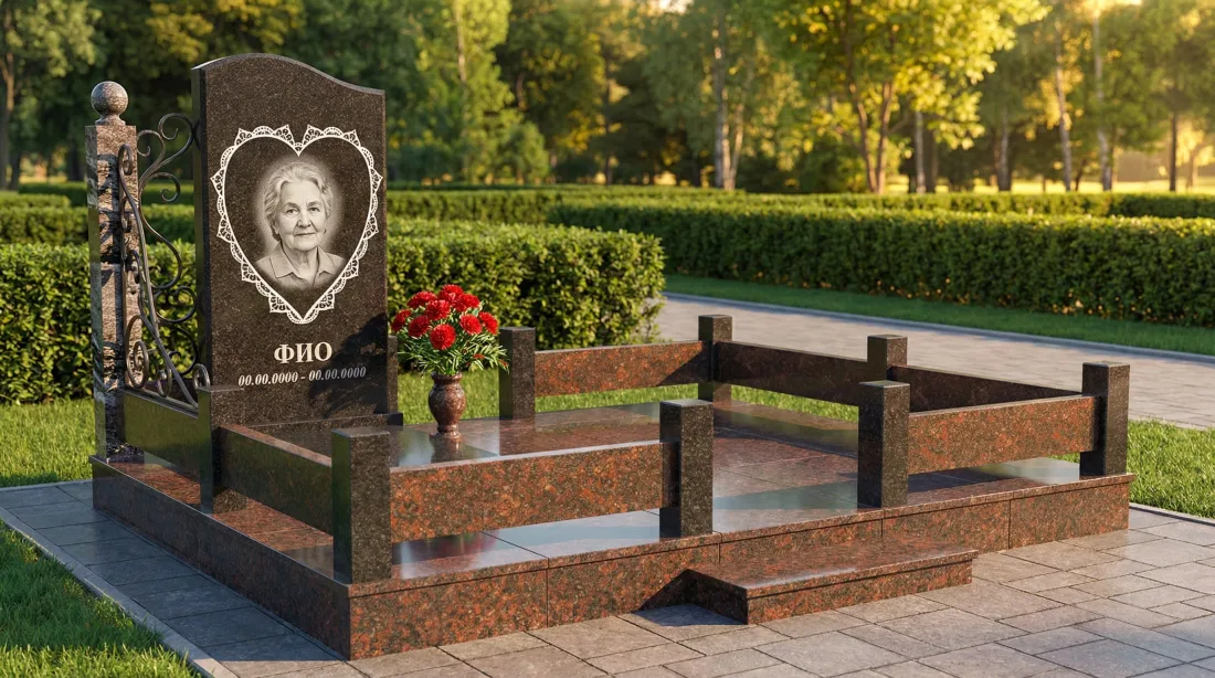 Памятник маме из коричневого гранита, стела с портретом в гравированном сердце, цветник и кованая тумба Памятник маме из коричневого гранита, стела с портретом в гравированном сердце, цветник и кованая тумба