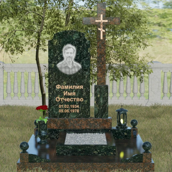 Арочная стела с высоким крестом, гранит Балтик грин, вид 2