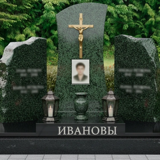 Православный гранитный памятник с крестом и глыбами, гранит Балтик грин