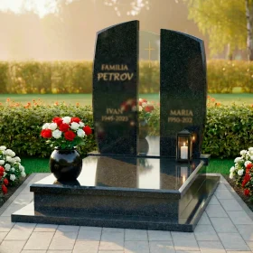 Элитный католический памятник из гранита и стекла на двоих - ПН237