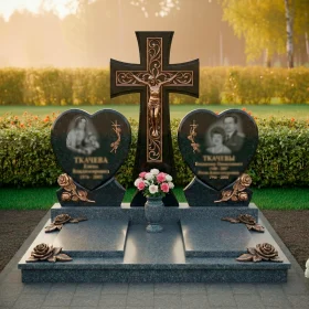 Элитный православный памятник из гранита и металла с крестом на двоих - ПН248