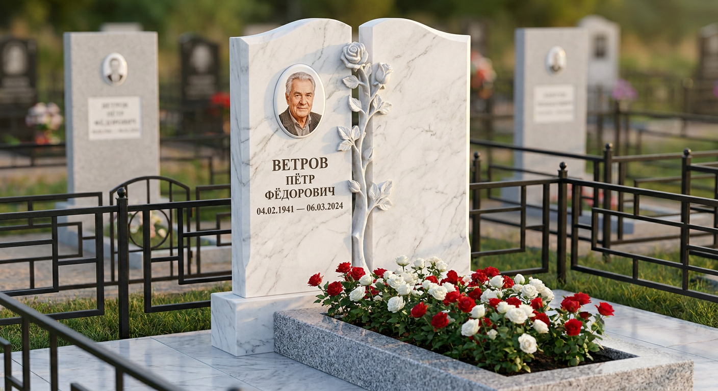 Пример дизайна: Мемориал с розой из белого мрамора с фотопортретом