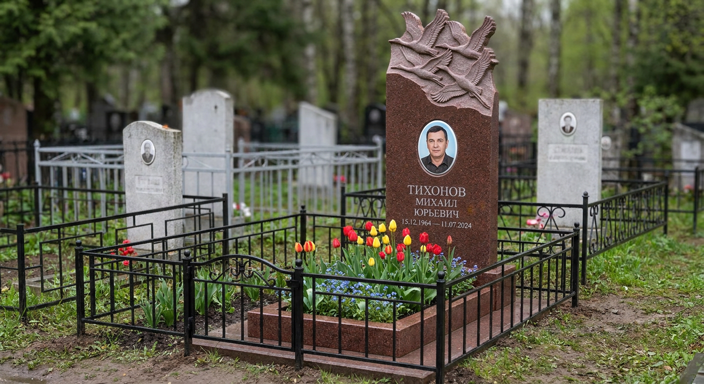 Пример дизайна: Памятник с журавлиным клином из лезниковского гранита с портретом