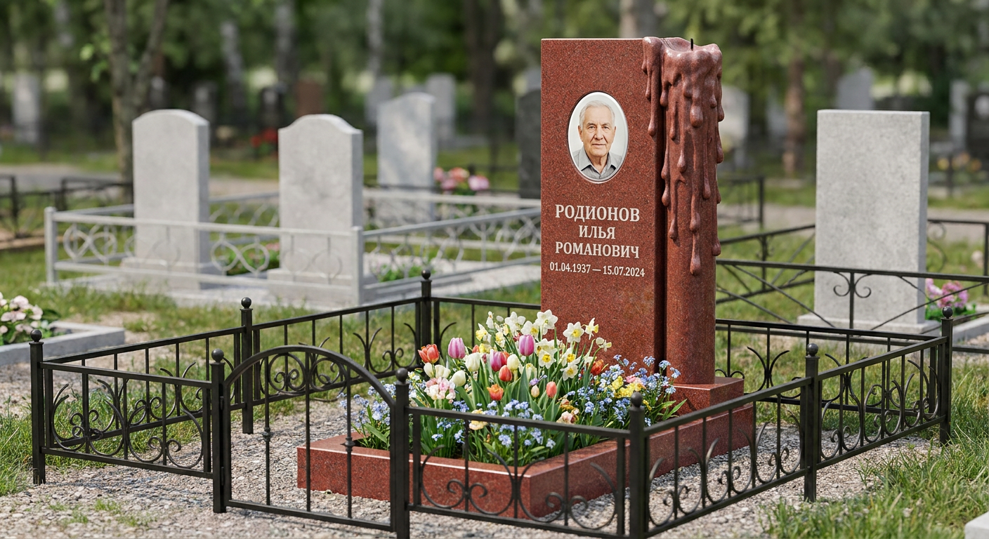 Пример дизайна: памятник с пламенем свечи из красного лезниковского гранита с портретом