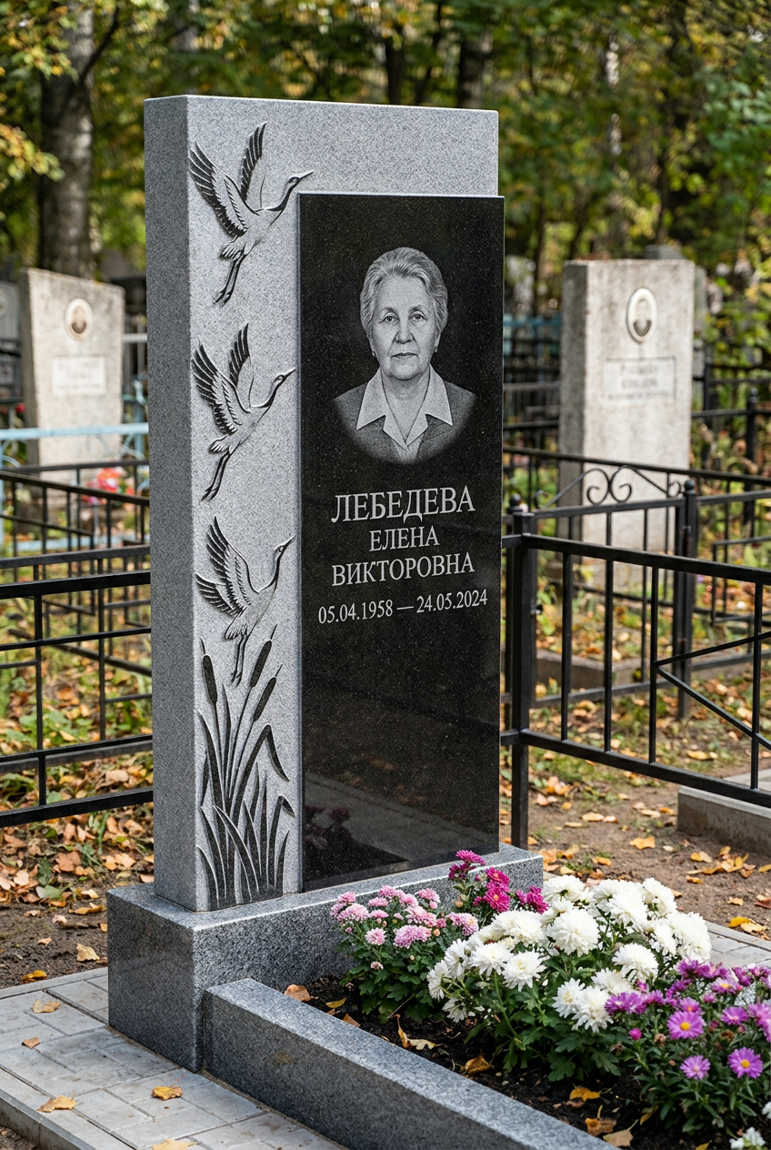 Пример дизайна: памятник с клином журавлей из серого мансуровского гранита с портретом