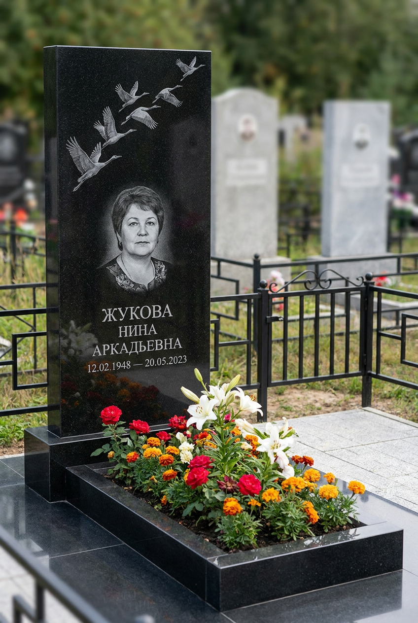 Пример дизайна: памятник с журавлями из черного гранита габбро-диабаза с портретом