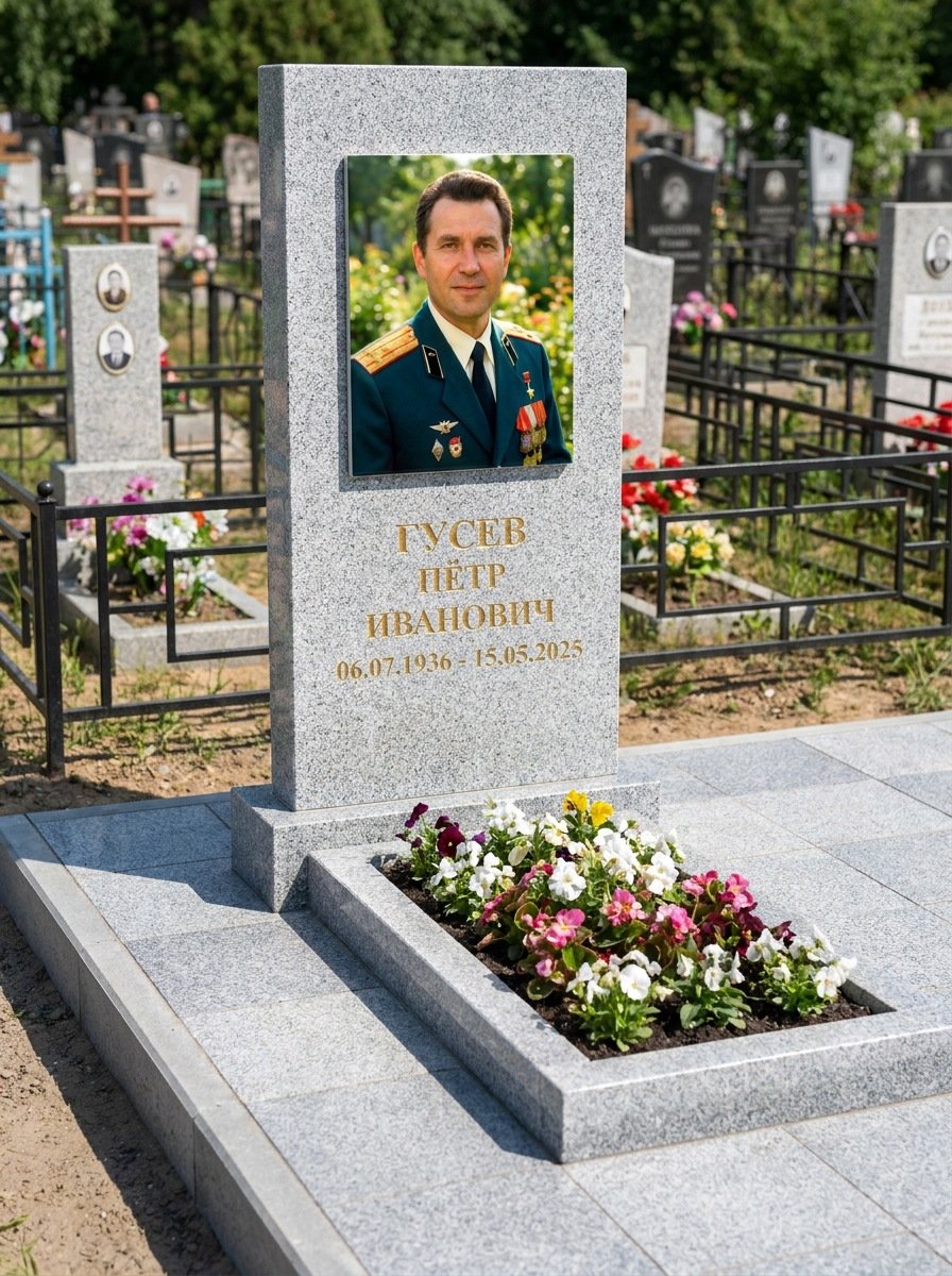 Портрет на памятнике в Ханты-Мансийске — Прямоугольник на гранитной стеле, ФИО и даты на портрете